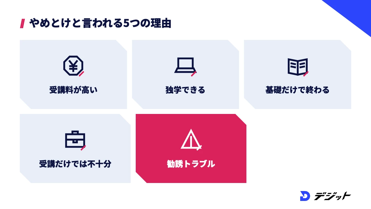 動画編集スクールがやめとけと言われる5つの理由。受講料が高い、独学できる、基礎だけで終わる講座がある、受講だけでは案件が取れない、勧誘・契約のトラブル