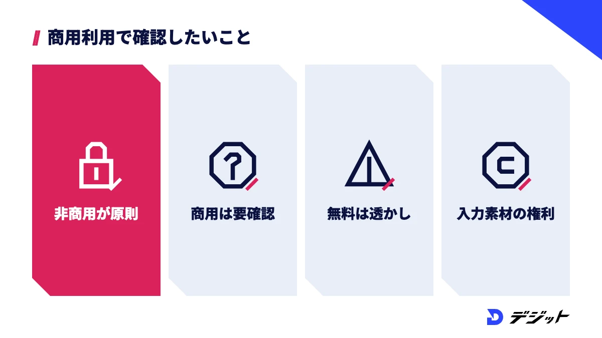 PixVerseは利用規約で非商用が原則。商用利用はプランごとに問い合わせが必要で、無料版の透かしや入力素材の権利にも注意する