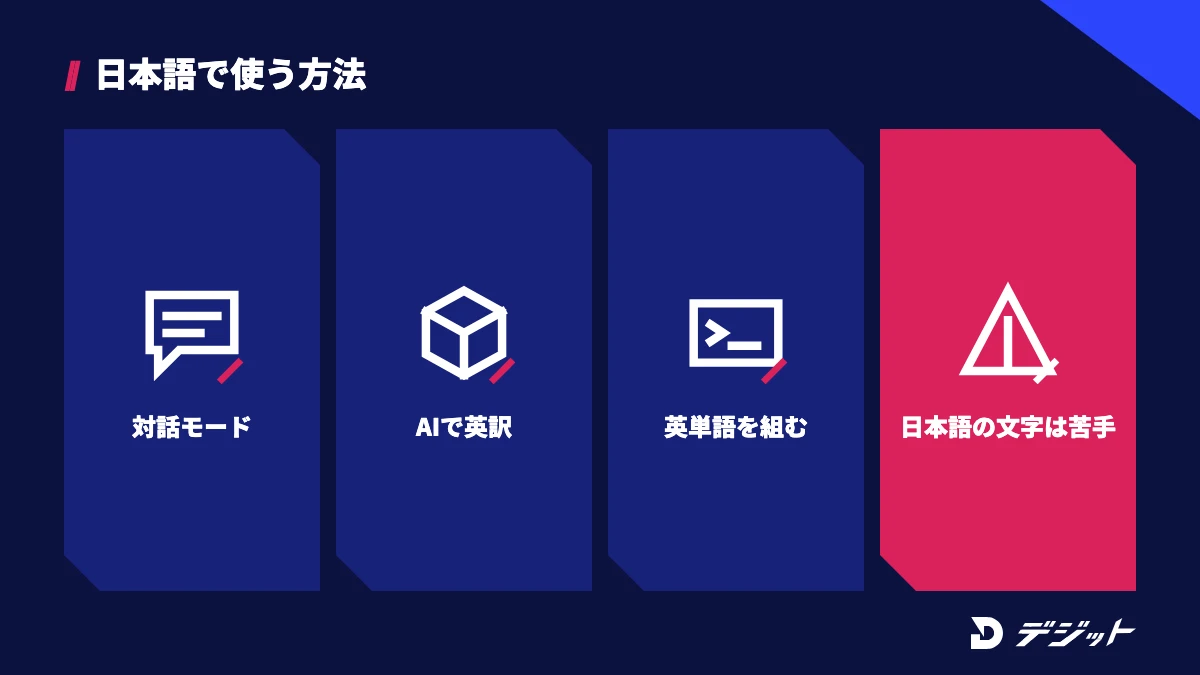 Midjourneyを日本語で使う方法は、Conversational mode、ChatGPTなどでの英訳、英単語の組み合わせ。画像に日本語の文字を入れるのは苦手