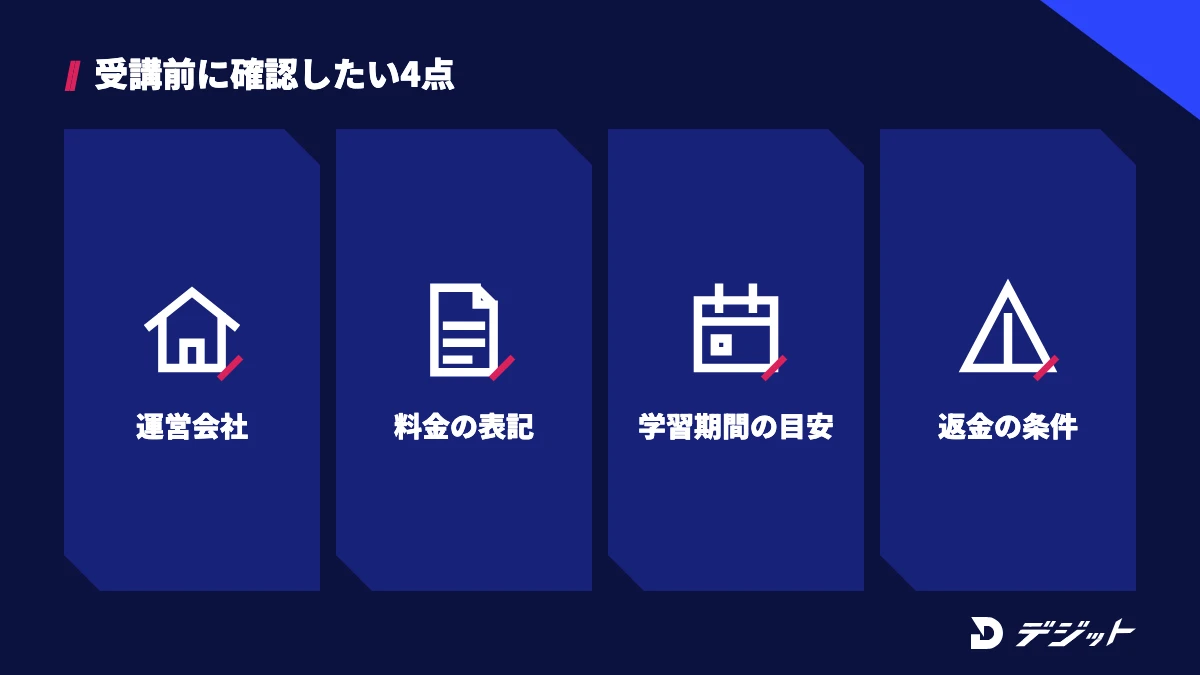 MovieHacksを受講する前に、運営会社・料金の表記・学習期間の目安・返金の条件の4点を確認する