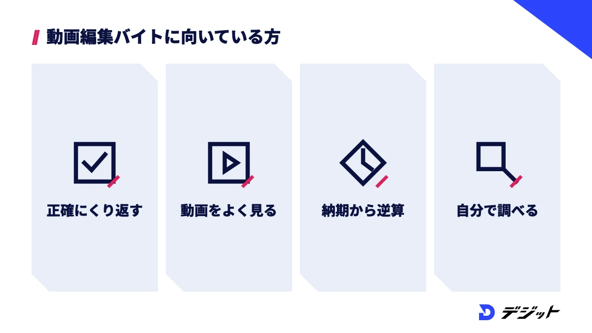 動画編集バイトに向いているのは、同じ作業を正確にくり返せる、動画をよく見る、納期から逆算できる、分からない点を自分で調べられる方