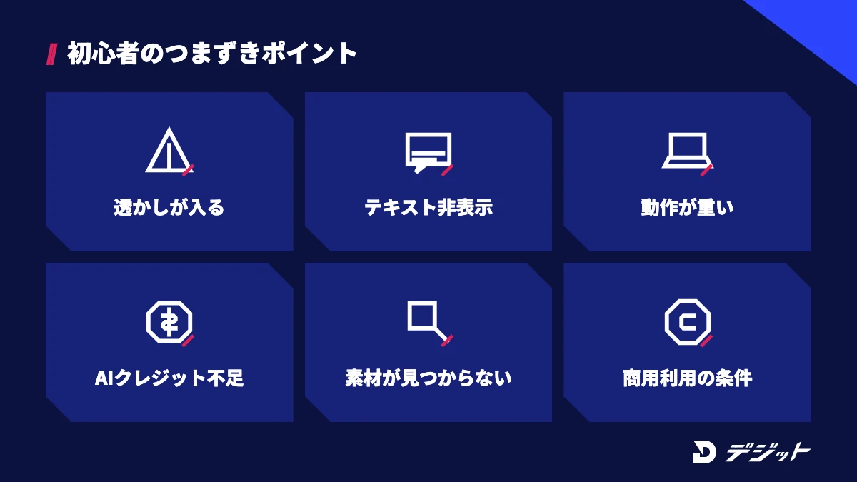 Filmoraの初心者がつまずきやすいのは、透かし・テキストの非表示・動作の重さ・AIクレジット・素材の紛失・商用利用の条件