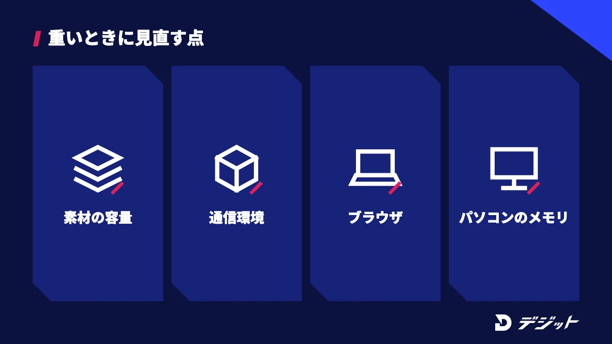 Canvaの動画編集が重い・書き出せないときは、素材の容量、通信環境、ブラウザ、パソコンのメモリを順に見直す