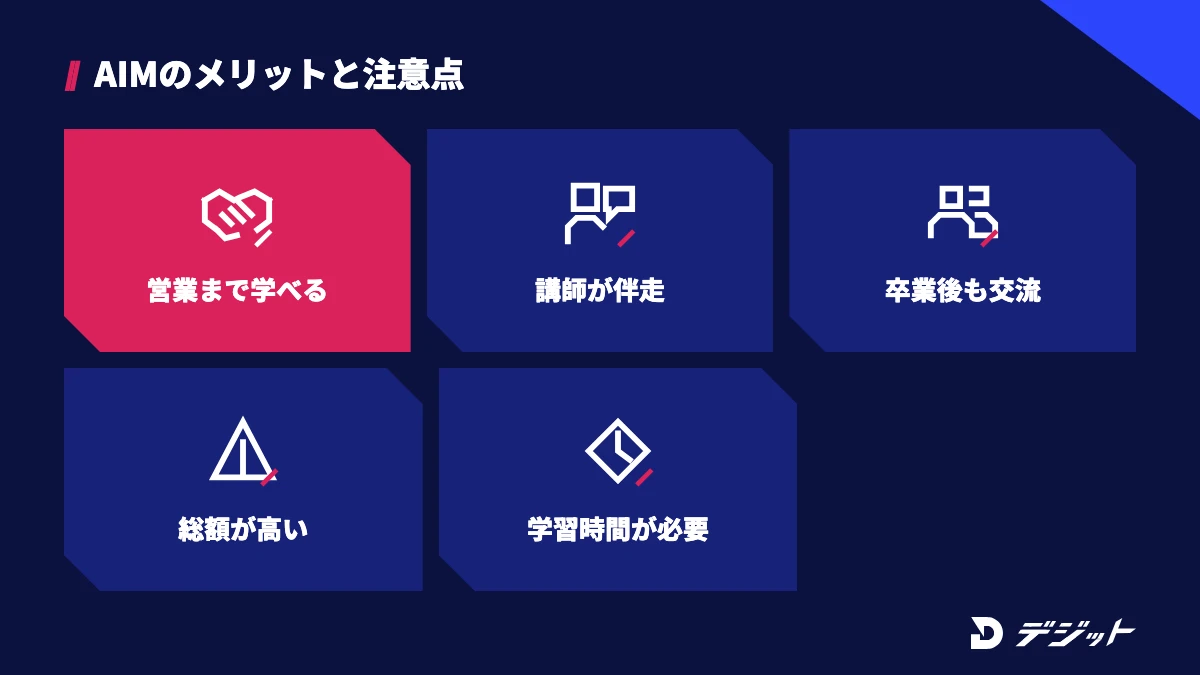 AIMクリエイターズカレッジのメリットは営業まで学べる・講師の伴走・卒業後の交流、デメリットは総額の高さと学習時間の負担