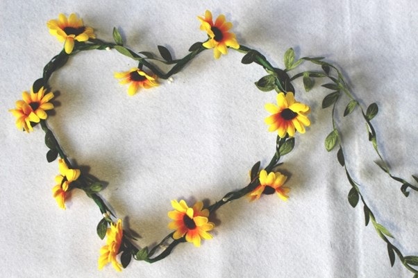 Heart-shaped vine with yellow flowers.