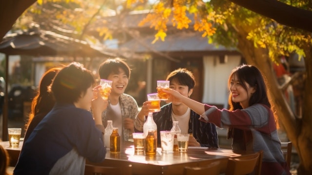 People chatting and toasting with beer.