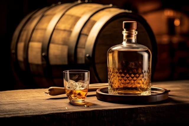 Whiskey bottle with cask backdrop.