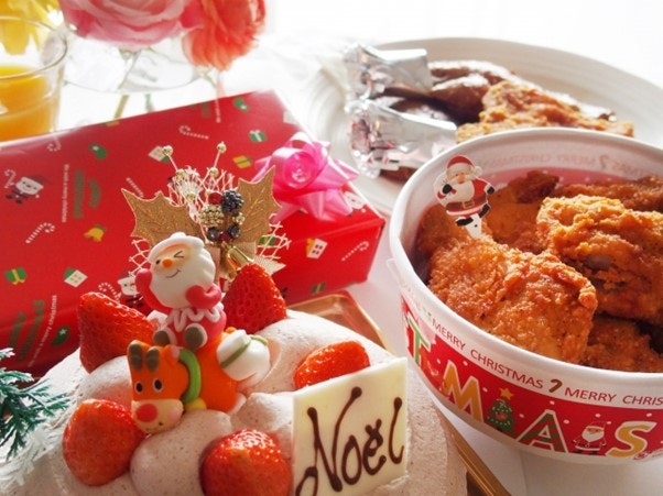 Christmas cake and fried chicken.