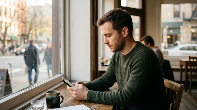 カフェでスマホを操作する男性