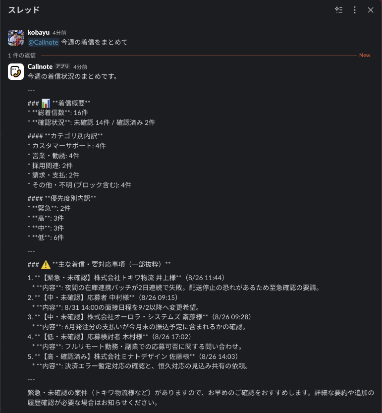 Slackで今週の着信を照会する例