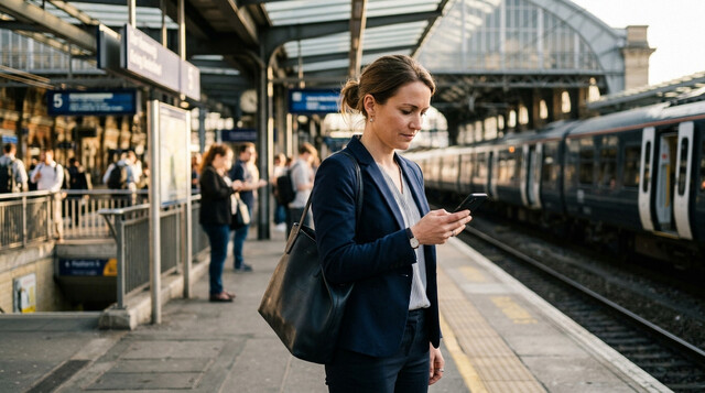 駅のホームでスマホを使う女性