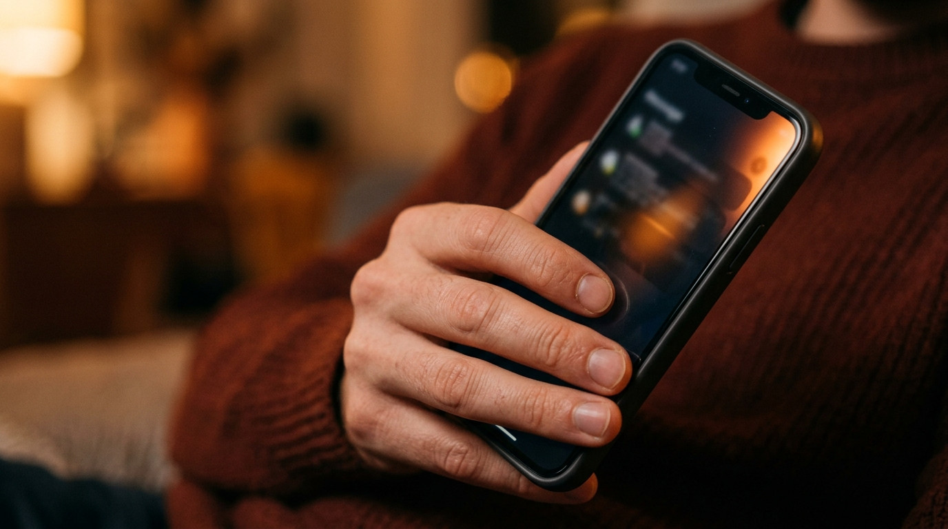 暗い部屋でスマホを持つ手