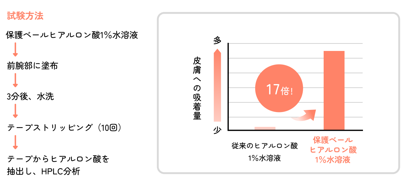 保護ベールヒアルロン酸と一般的なヒアルロン酸の皮膚への吸着量を比較したグラフ