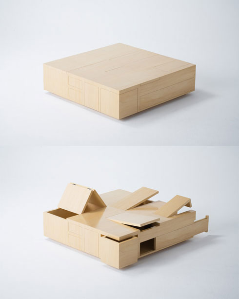 からくり箱のように沢山の収納が付いているテーブル【Kai table】