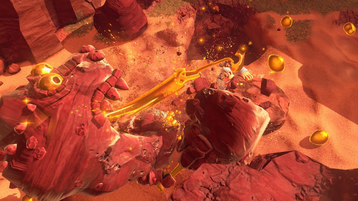 大きな岩を両手で掴んで振り回すドンキーコングと、その攻撃でダメージを受ける敵キャラクター。