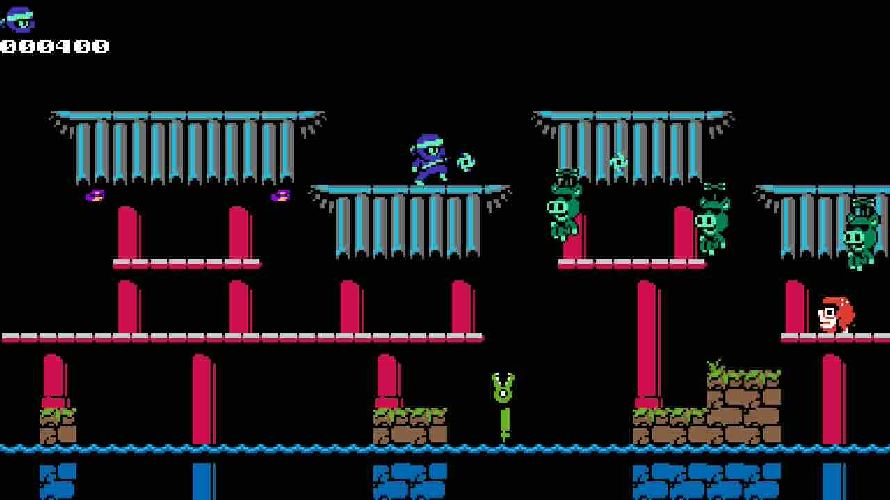 横スクロールのドット絵。忍者のキャラクターが手裏剣を投げている。