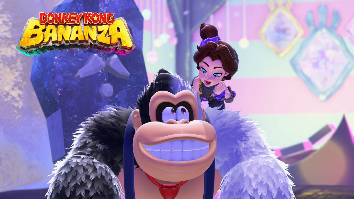 ドンキーコングの右肩にポリーンが乗っている。お互いがお互いの顔を見て笑顔になっている。