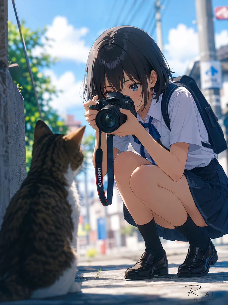 青空の下、制服姿の少女が路地でしゃがみ、一眼カメラを構えて猫を撮影しているアニメ風イラスト。夏の日差しと白い雲、街角の明るい空気が、放課後の小さな出会いをやわらかく感じさせる。