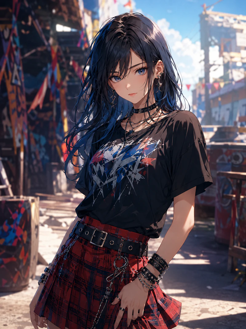 青空の下、グラフィティや色鮮やかな旗が並ぶ路地に立つ黒髪の女性。黒いグラフィックTシャツと赤いチェック柄スカートを合わせ、チョーカーやチェーン、レザーブレスレットを重ねたパンクファッションで、静かにこちらを見つめている。
