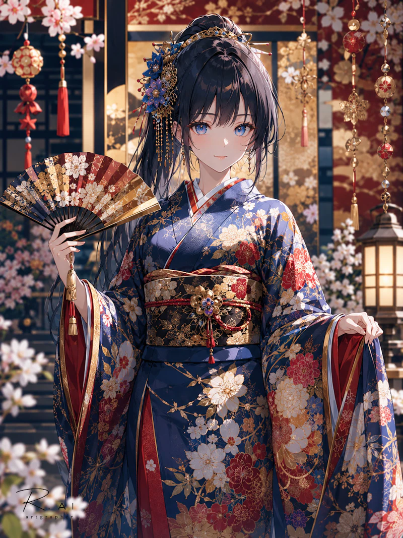 桜の咲く和の庭で、藍色に赤と金の花柄が入った振袖をまとった黒髪の女性が、飾り扇を手に穏やかにこちらを見つめている。髪飾りや吊るし飾り、行灯の光が華やかな祝いの雰囲気を添えている。