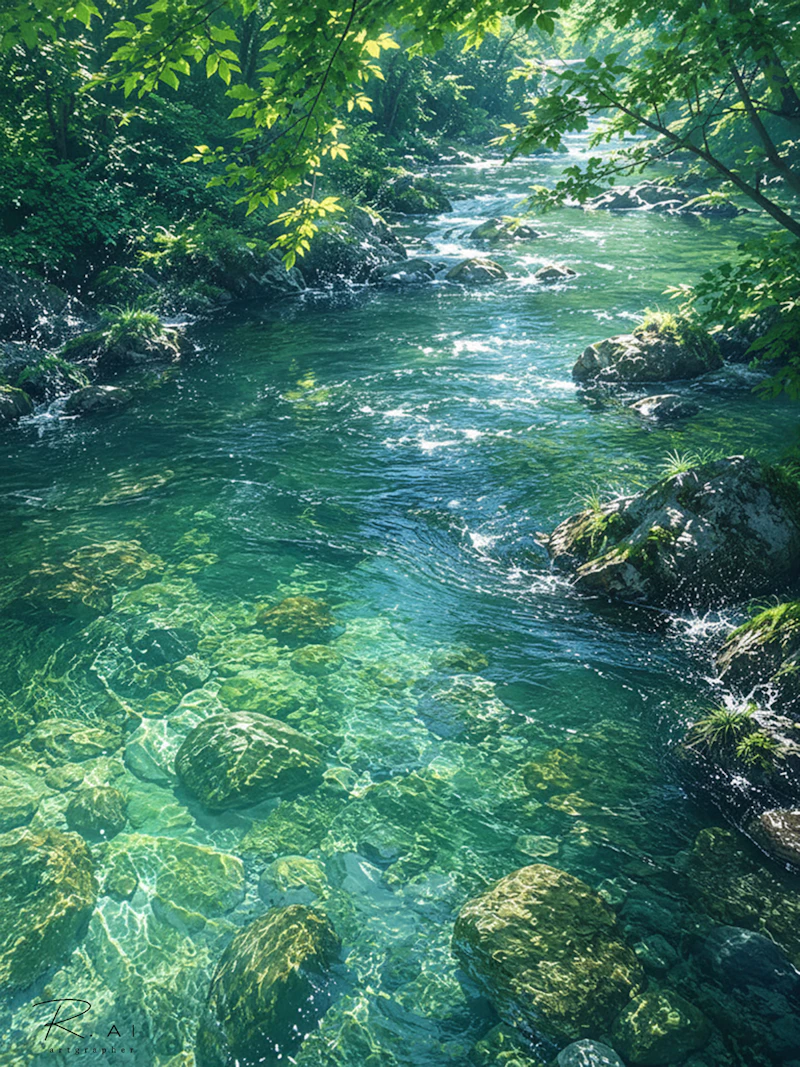 緑の木々に囲まれた渓流を描いたイラスト。透明な水の中に岩や川底が見え、木漏れ日が水面に反射して、涼やかで静かな夏の自然風景が広がっている。