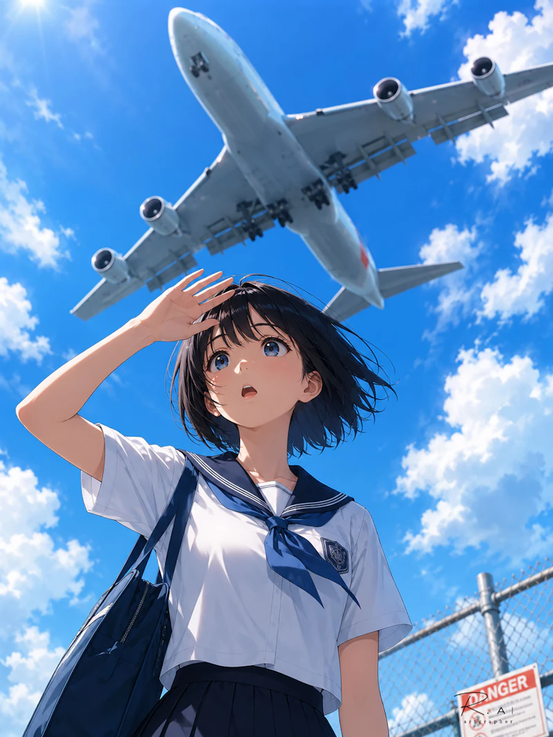 強い日差しの青空の下、制服姿の黒髪の人物が手をかざし、頭上を通過する大きな旅客機を見上げている。白い雲とフェンスが、空港近くの夏らしい開放感を添えるイラスト。