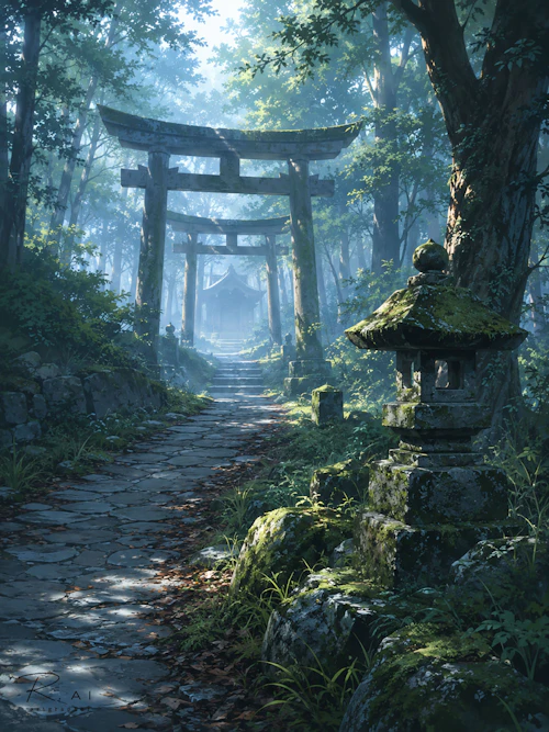 朝の柔らかな光が差し込む森の中、苔むした石灯籠と複数の鳥居が並ぶ石畳の参道が奥の社へ続いている風景イラスト。静かな空気と木漏れ日の余韻が感じられる。