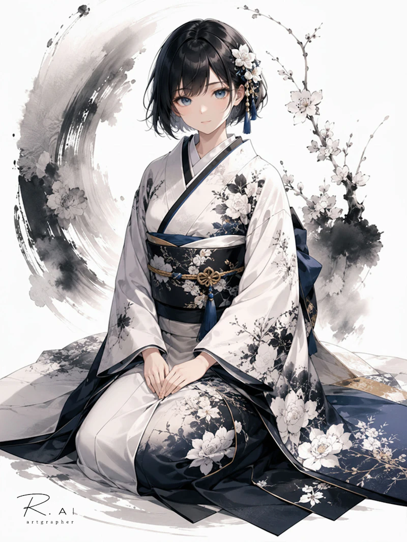 白と墨色の花柄着物をまとった黒髪の女性が、墨の円相と白い花枝を背景に静かに座っている和風イラスト。青い瞳と花飾りが、凛とした上品さを添えている。