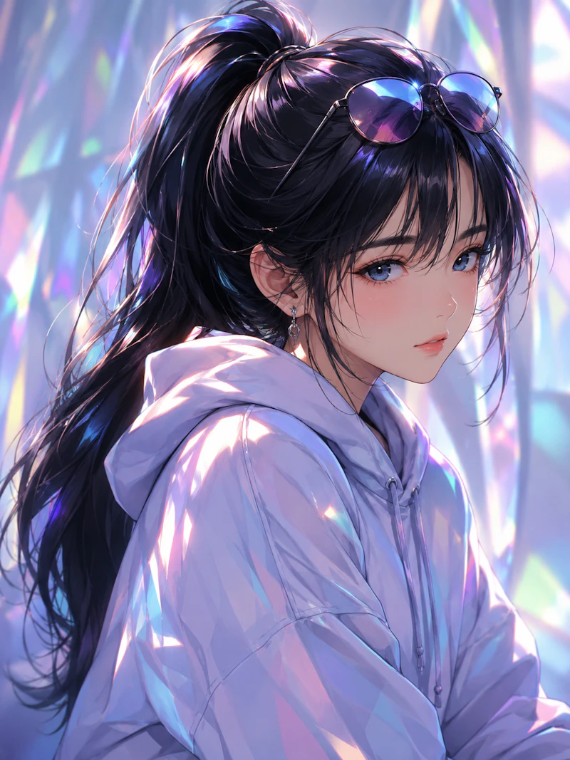 プリズムのような虹色の光が差し込む空間で、白いパーカーを着た黒髪の女性を描いたイラスト。高い位置で結んだポニーテールと頭上のサングラスが印象的で、女性は身体を斜めに向けながら静かにこちらを見つめている。  ジャンル