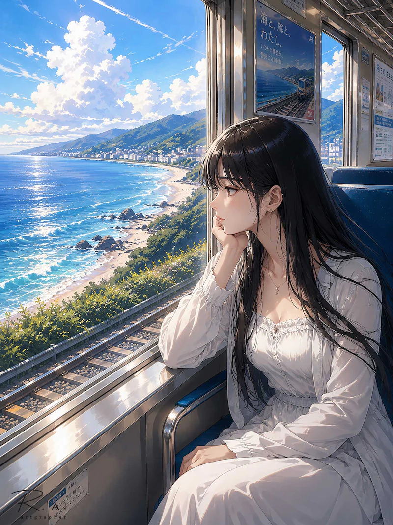 海沿いを走る電車の窓辺に、白いワンピースを着た黒髪の女性が座っている。窓の外には青く輝く海岸線、山並み、夏雲の広がる空が見え、旅の途中の静かな時間が感じられる。