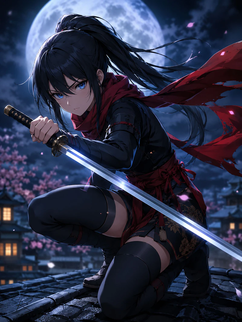 満月を背に、黒髪の剣士が屋根の上で刀を構えるアニメ調イラスト。赤いマフラーが夜風になびき、青い月光の中に桜の花びらと町明かりが静かに浮かんでいる。