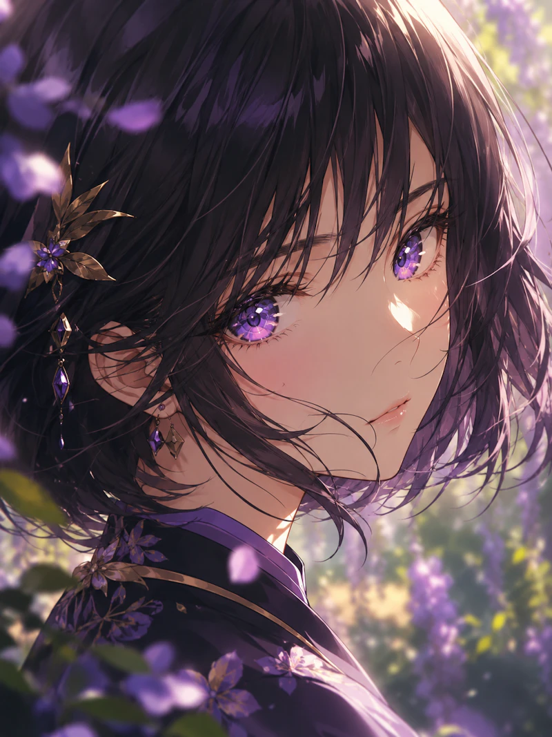 紫色の花々に囲まれ、こちらへ振り向く黒髪の女性を描いたアニメ調イラスト。紫に輝く瞳と花をあしらった髪飾り、耳元の宝石が、木漏れ日のような柔らかな光を受けてきらめいている。