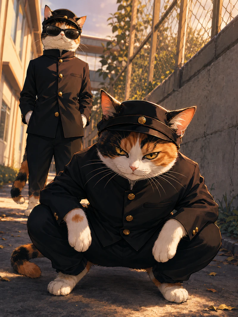 夕暮れの路地裏で、黒い学生服風の衣装と制帽を身につけた二匹の猫。手前の三毛猫は鋭い目つきで腰を落とし、奥の猫はサングラス姿でポケットに前足を入れて立っている。金網越しの西日が、毛並みや制服の輪郭を暖かく照らしている。