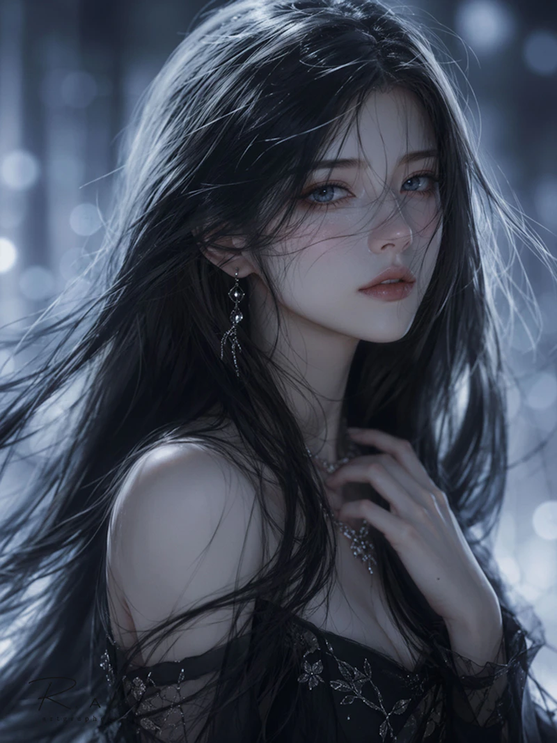 青みがかった夜の光の中、黒いドレスを着た黒髪の女性が風に髪をなびかせながらこちらを見つめている。揺れるイヤリングや背景の柔らかな光が、静かで幻想的な雰囲気を添えている。