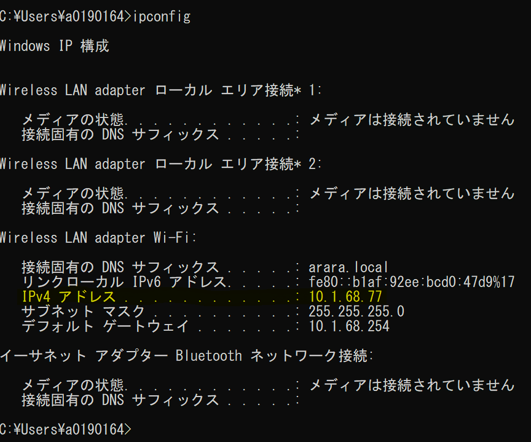 プライベートIPアドレスの調べ方3