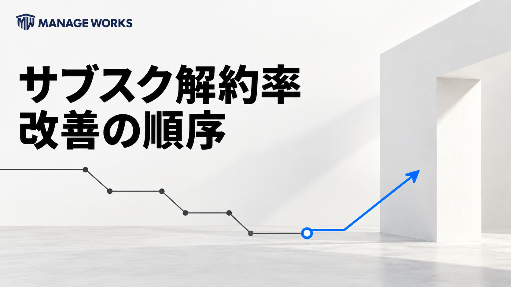 サブスク解約率の低下線を改善へつなぐ青い矢印と白い建築造形