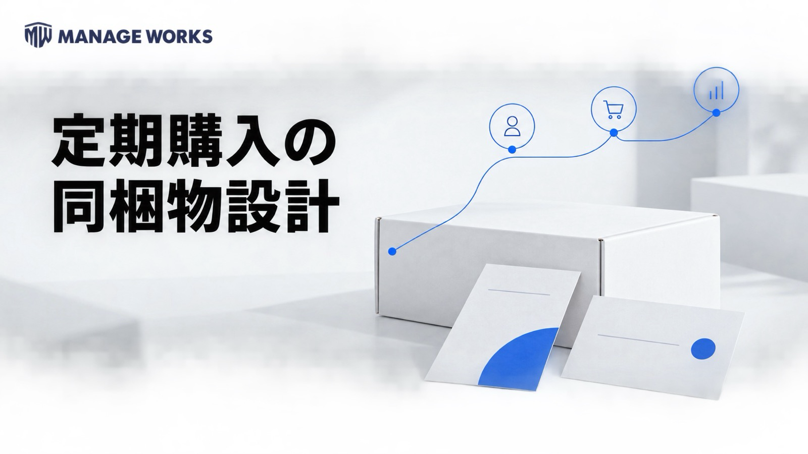 白い配送箱と同梱物、顧客段階を青い線で結んだ定期購入の同梱物設計図