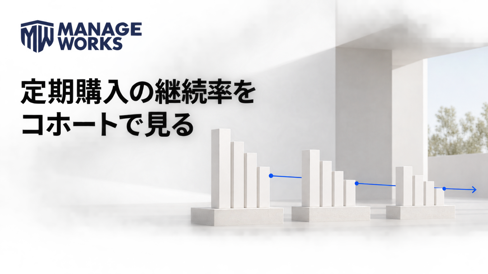 白い建築空間で定期購入の継続率を顧客群ごとに比較する様子を示した図