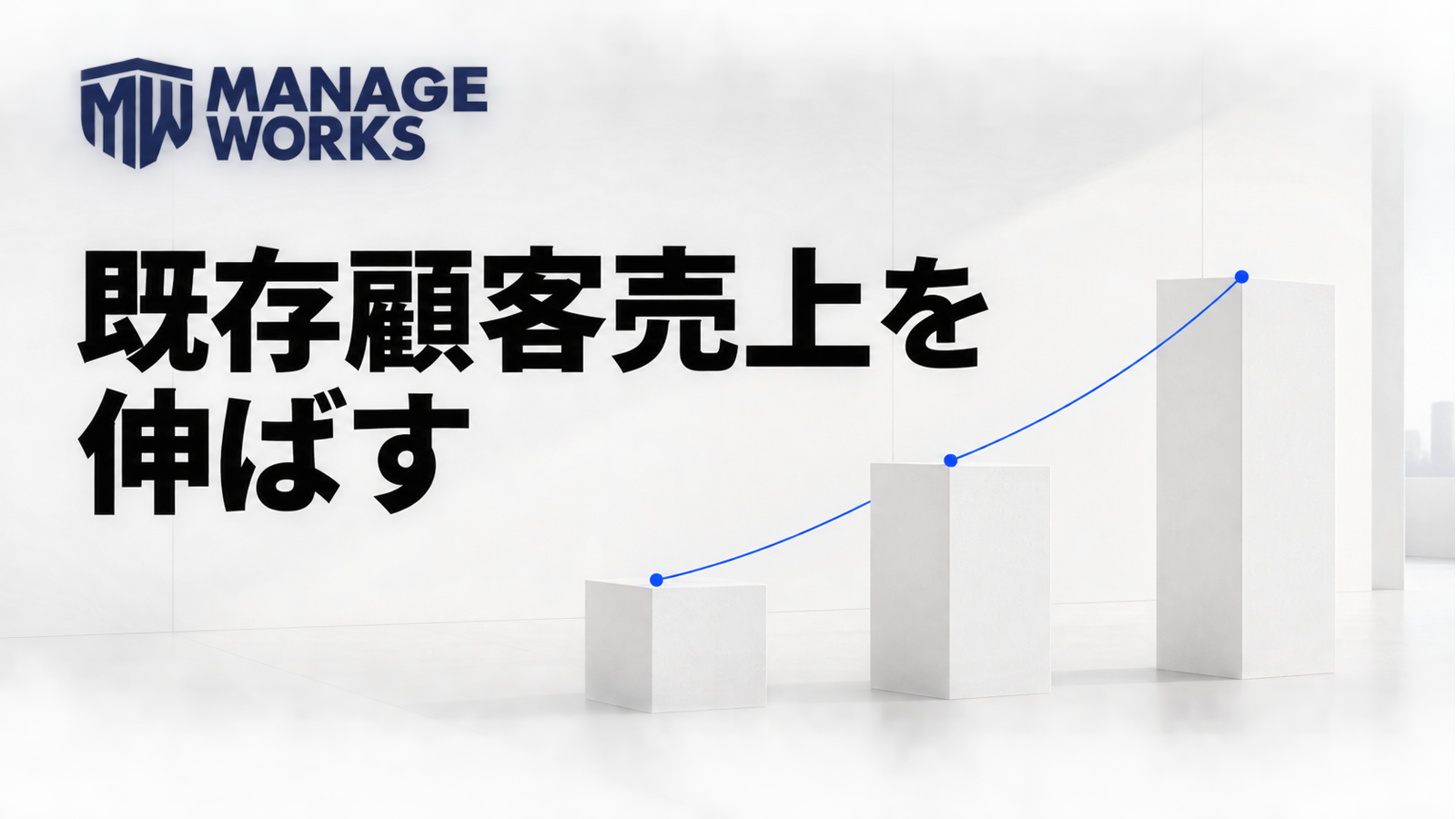 白い建築空間で既存顧客売上の成長を三つの柱と青い線で示した図