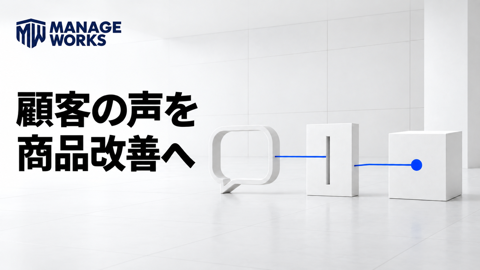 白い建築空間で顧客の声を分析し商品改善へつなぐ青い経路を示した図