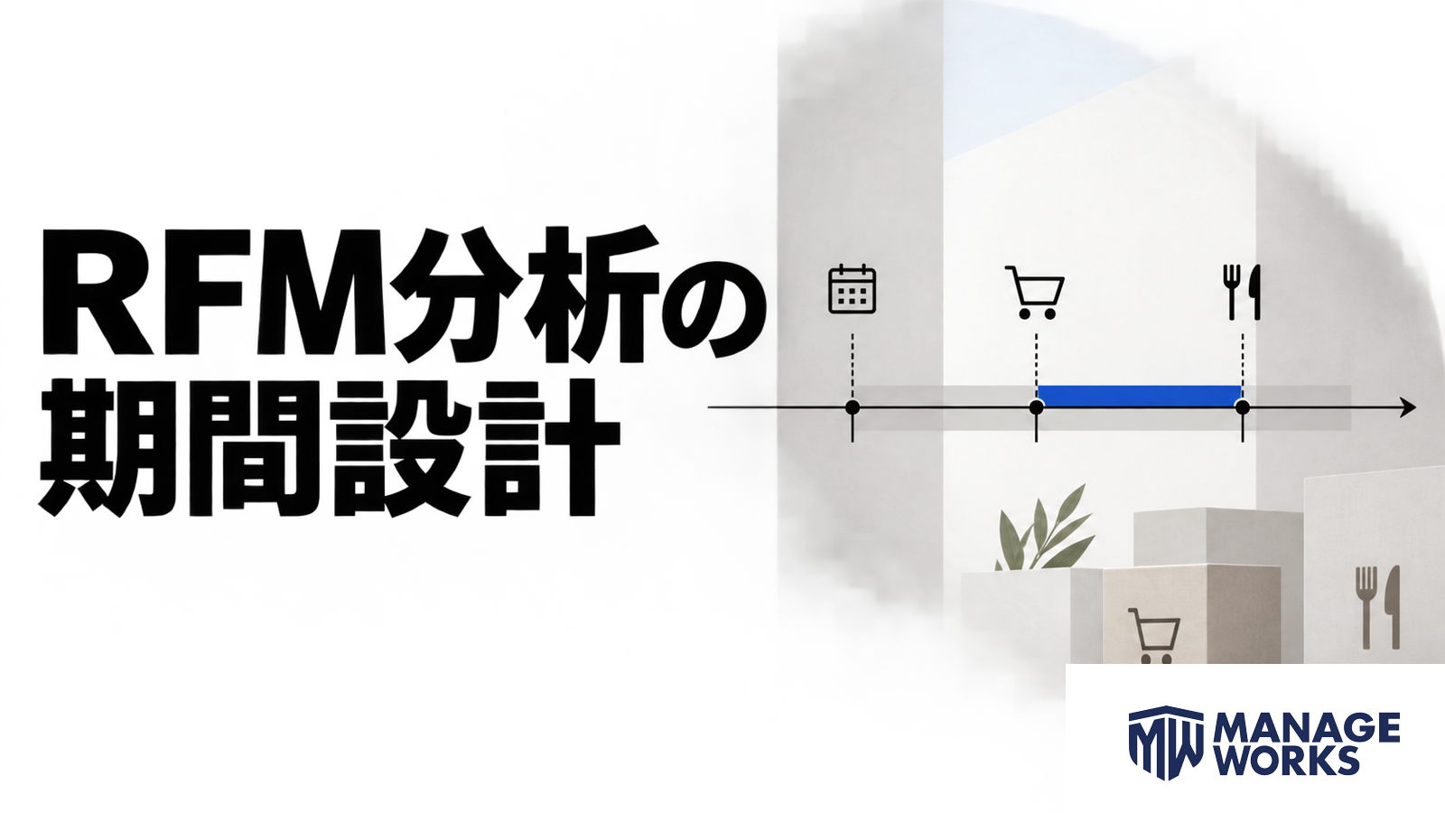 白い空間に購入周期の時間軸を描いたRFM分析の期間設計図
