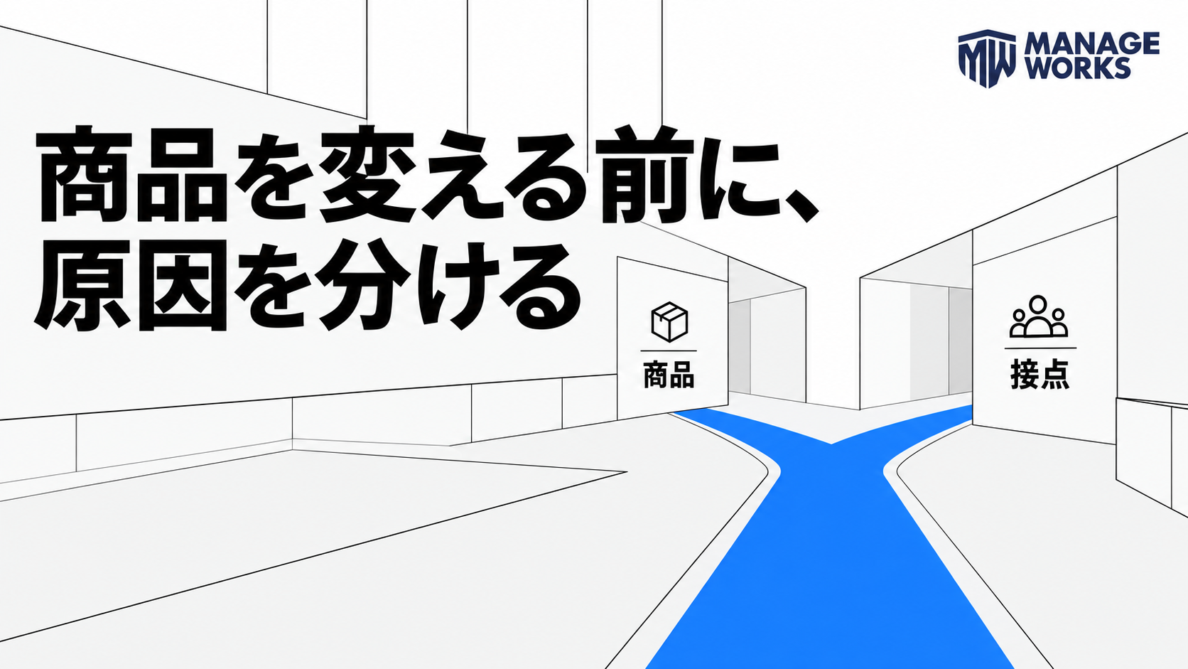 商品を変える前に原因を分け、商品と接点の二方向を判断する白い建築的な図