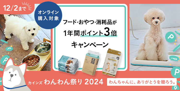 わんちゃんのフード・おやつ・消耗品が1年間ポイント3倍キャンペーン