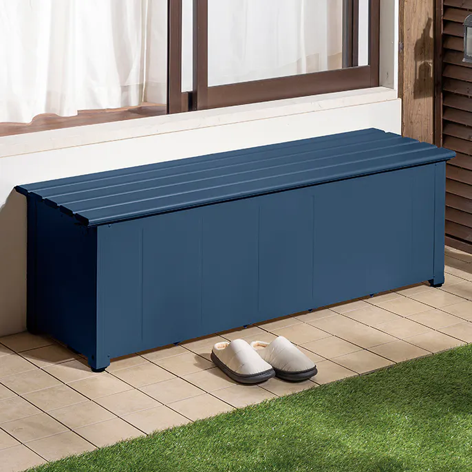 静かに開閉できるアルミ収納ベンチ ネイビー