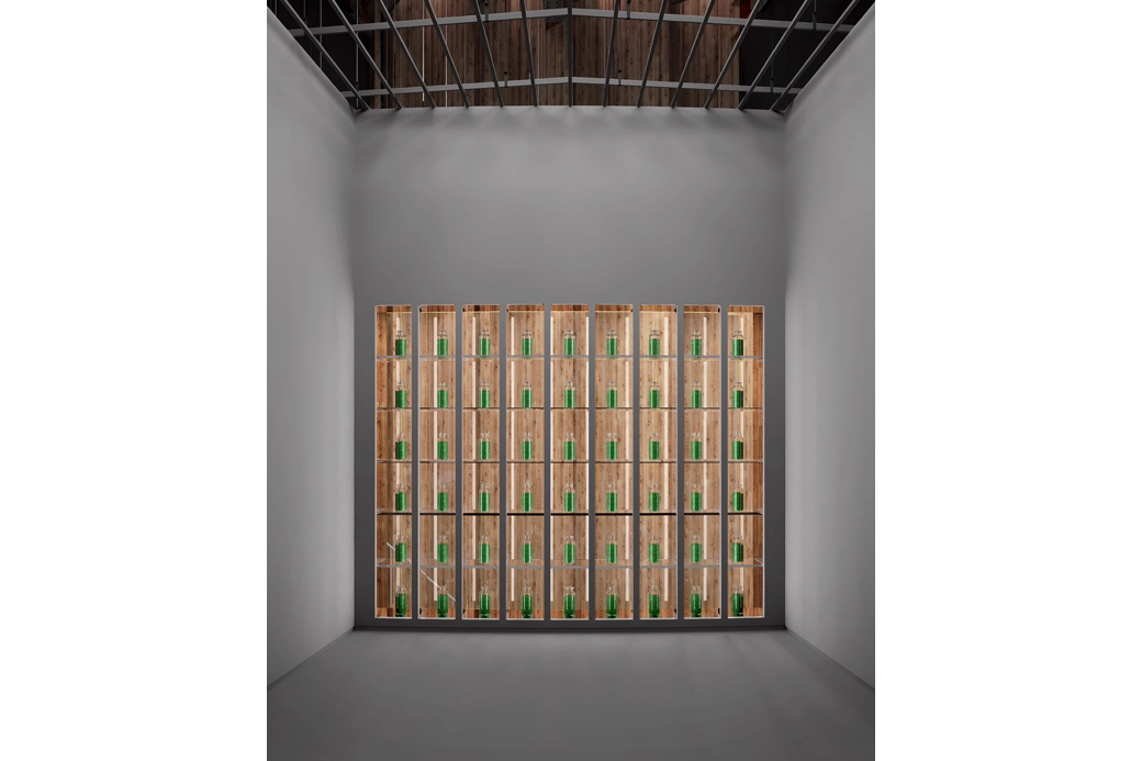 Large glass jars filled with green liquid are lined up on built-in shelves against a gray wall. The shelves are arranged in 9 columns and 6 rows.