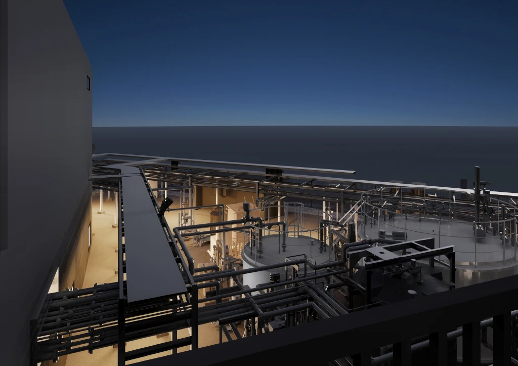 Artist's rendering of the biogas plant. The time of day is night and the plant's electricity is on.