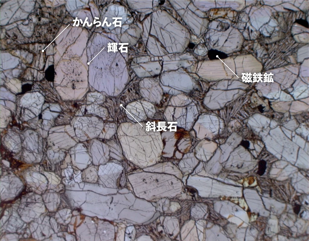 隕石をスライスしたものを顕微鏡で見た時の写真。かんらん石、輝石、斜長石、磁鉄鉱が含まれていることがわかる。