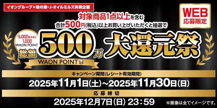 【全国エリア】イオングループ×味の素・J-オイルミルズ共同企画　総額500万WAON POINT大還元祭