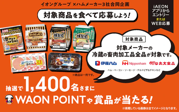 【全国エリア】イオングループ×ハムメーカー3社合同企画 ハム・ベーコン・ソーセージ・チルドピザ＆チキン商品で応募!抽選プレゼントキャンペーン