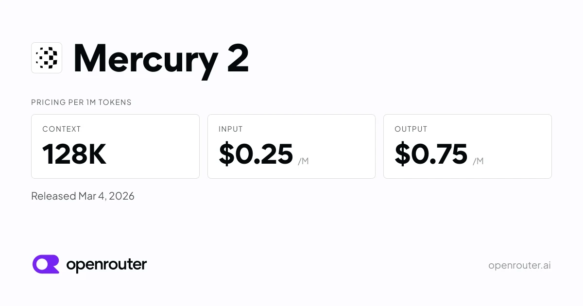 OpenRouter公式のMercury 2モデルページに掲載された料金・コンテキスト情報